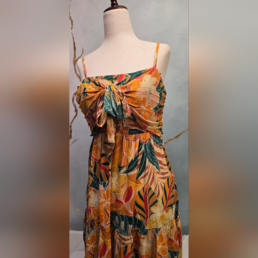 Rip Curl Tropical Floral Palm Smocked Tiered Tie Front Mini Sundress NWOT S